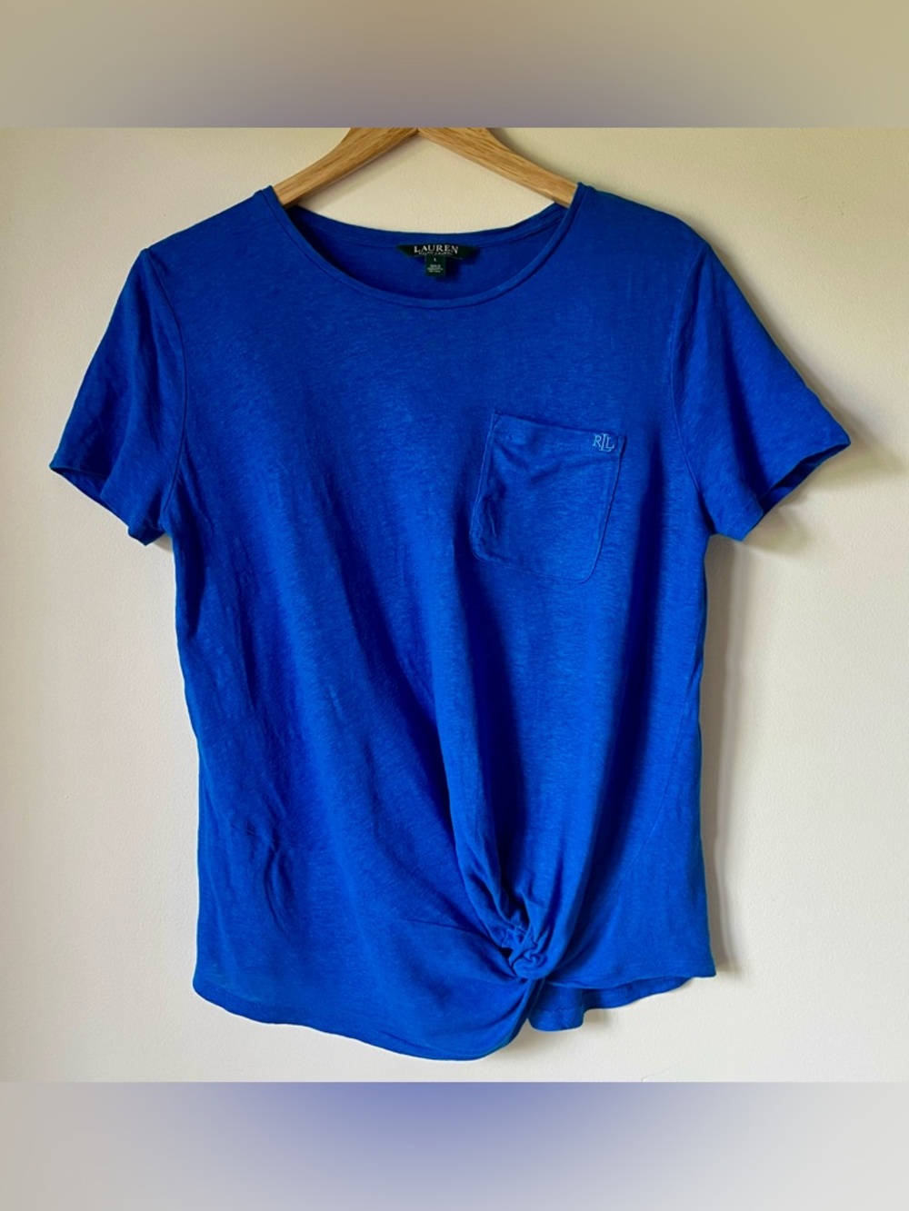 Lauren Ralph Lauren Daharlyn Twist Front Linen Blend Logo Tee Colby Blue Size L - Picture 2 of 9